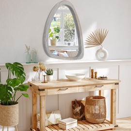 Asymmetrical Mirror for Wall Decor Large 26"x18", Modern Oval Wooden Framed Wall Mirror Unique Shape Wall Mounted Vanity Artistic Wavy Mirror Decorative for Living Room Bedroom Bathroom Entryway Gray