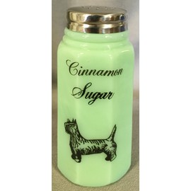 Sugar Shaker - Paneled - Rosso Exclusive - Jade w/Cats, Dogs, Birds - American Made - Mosser Glass USA (Scottie Dog w/Cinnamon Sugar)