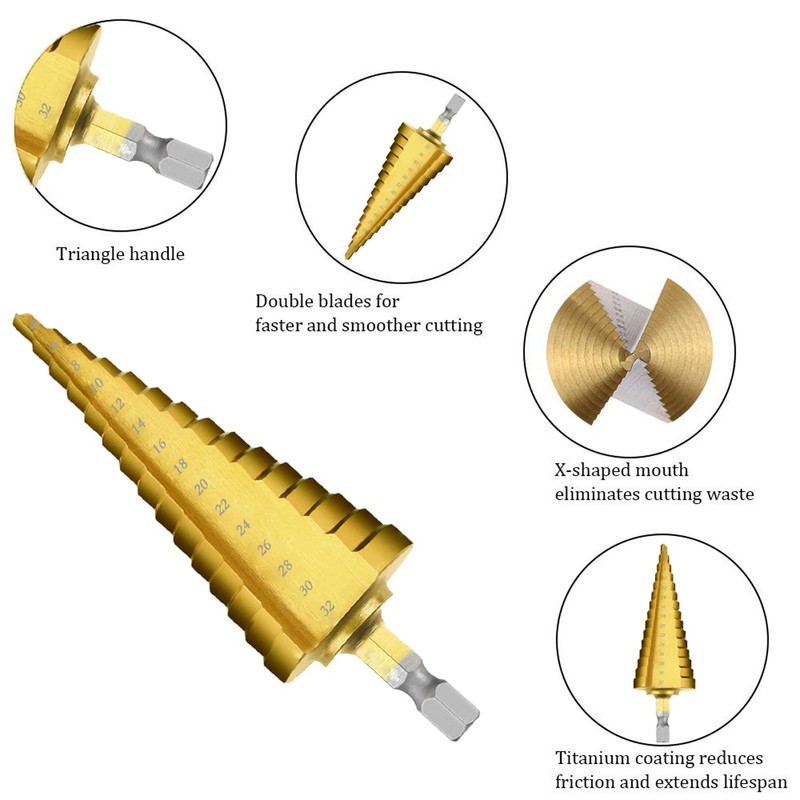 Fi18 3Pcs HSS Step Bits Set High Speed Steel Step