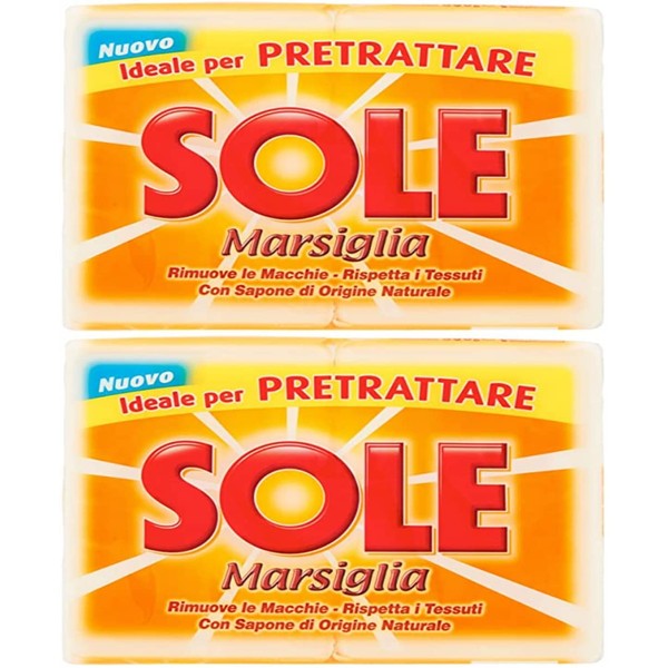 Sole:"Sole Marsiglia" Marseille Laundry Soap for Pre-Treating 8.8 Ounce (250gr) Soaps (Pack of 4) [ Italian Import ]