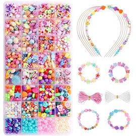 780 Pcs 32 Types Beads for Bracelets Necklaces Headbands Making,Paired with 5 Bead Metal Wires for Making Jewellery and Diy Craft Bracelet Necklace Earrings Jewelry Making with Gradient Color