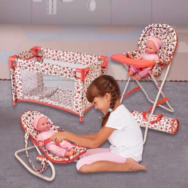 Floral Baby Doll Accessories Set, 3-1 Baby Doll Crib, Baby Doll High Chair & Bouncer Seat. 18 inch Doll Accessories with Doll Bed. 18" Dolls Furniture Play Stuff. Toys for Girls Ages 3-5,4-6,5-7,8-10