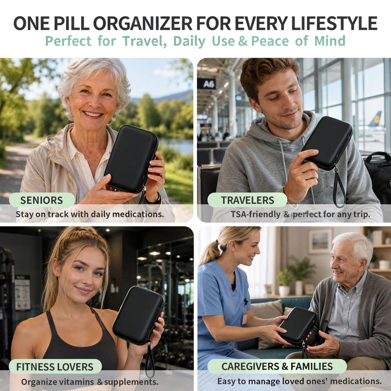 Travel Pill Organizer with 14 Reusable Pill Pouches,Black Hard Shell