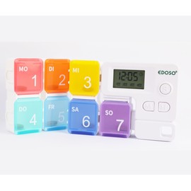 EDOSO Pill Box for 7 Days with 7 Containers and Alarm | Medication Box Pill Box 1 Week with Timer and Alarm Clock for Reminder | German Description | Coloured Tablet Container