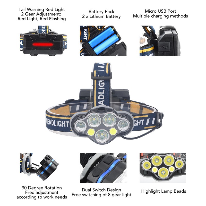 7 Core Headlight Long Range USB Rechargeable Headlamp Outdoor Work