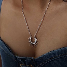 Iaceble Punk Sunburst Pendant Necklace Sun Rays Necklace Silver Sun Burst Necklace Rising Sun Necklace Spike Sun Choker Necklace Exaggerated Sunshine Necklace Jewelry for Women