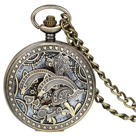 JewelryWe Mothers Gift Vintage Chain Hollow Carved Bronze Dolphin Mechanical Movement Pocket Watch for Men Women Fob Watches