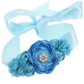 AWOCAN Maternity Pregnancy Flower Sash Belt Women's Bridal Wedding Dress Rhinestone Sash Maternity Sash Belt Pregnancy Flower Belly Sash for Shower Party Gender Reveal Wedding Bride Dress (blue)