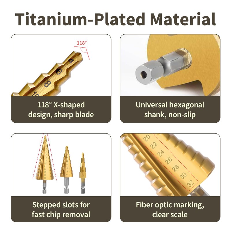 3pcs HSS Step Drill Bits Set, Titanium Step Drill Bits,