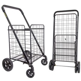 dbest products Cruiser Cart Deluxe 2 Shopping Grocery Rolling Folding Laundry Basket on Wheels Foldable Utility Trolley Compact Lightweight Collapsible, Black