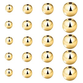 200 piezas Mezcla de cuentas de 14K bañadas en oro, cuentas lisas pequeñas y redondas, cuentas espaciadoras de latón, duraderas, resistentes al deslustre, cuentas sueltas sin uniones para hacer