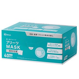 Iris Ohyama PK-NV40L Non-Woven Pleated Mask, 6.9 inches (17.5 cm) Wide, Pack of 40, Regular, Individually Wrapped