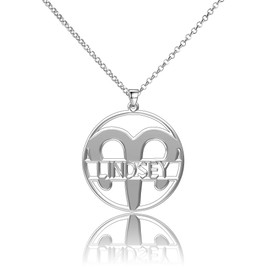 LoEnMe Jewelry Silver Plated Aries Woman Custom Made Engraved Sterling Silver Customized Name Necklace