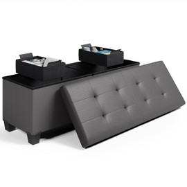 Storage Ottoman Benc, 43-In Storage Bench for Bedroom End of Bed, Ottoman Foot Rest with Storage Bins, Gray Ottoman with Storage for Living Room, Bench with Storage Max 660lbs, Faux Leather Ottoman