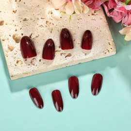 Cherry Red Press on Nails Medium Almond Fake Nails Solider Color Almond Stick on Nails Full Cover Gradient False Nails Winter Glue on Nails Artificial Acrylic Nails for Women Girls Daily Wear 24Pcs