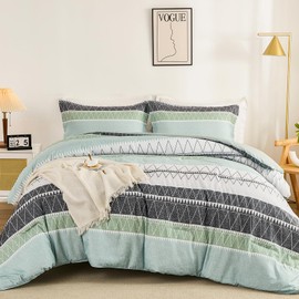 WONGS BEDDING King Comforter Set-Sage Green Comforter, Reversible Boho Striped Bedding Set for King Bed - 3 Pieces (1 Comforter + 2 Pillowcases), Soft Microfiber Down Alternative (104"x 90")