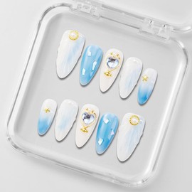 Zfans Almond Shape DreamWear Collection - 100% Handcrafted 3D Press-On Nails | Reusable, Long-Lasting, Salon-Quality Mint Bloom Eco-Friendly Nail Art Set:_Sea Salt & Icy Azure_l