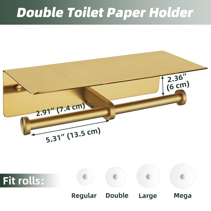 APLusee Brushed Gold Double Toilet Paper Holder with Shelf, Heavy