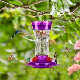 Glass Hummingbird Feeders for Outdoors, Built-in Ant Moat & Leakproof Design, XAROO Hummingbird Feeder with 4 Bee Guard Feeding Ports, 15OZ, Purple, Outdoor Garden Décor