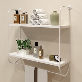 WELLAND 2-Tier Wall Mounted Bathroom Shelf with Towel Rack, 17" White Floating Shelves Towel Shelves Over Toilet Storage Shelving for Bathroom, Living Room, Kitchen