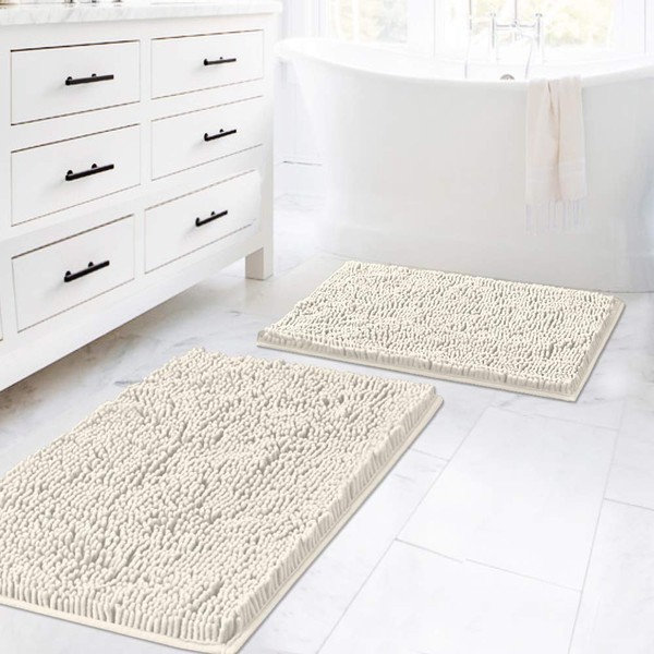 Push Microfiber Bath Rugs Chenille Floor Mat Ultra Soft Washable Bathroom Dry Fast Water Absorbent Bedroom Area Rugs Kitchen Rugs Non Skid, 20" x 32"/17" x 24", Cream Rug
