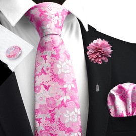 Gusleson Mens Pink Tie for Wedding Silk Floral Necktie Pocket Square Cufflinks and Lapel Pin Brooch Set (UK6107-29)