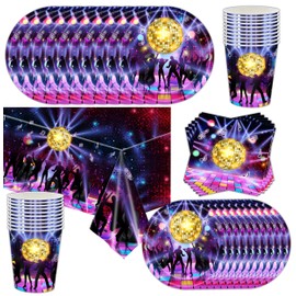 Shamoparty 61 Piece Party Set Disco for 80's, 90's with 9 Inch Plates + Cups + Napkins + Large Tablecloths Decorative Disco Party Tableware Music Table Decoration Theme Party