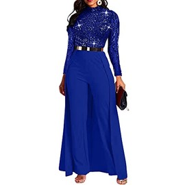 IWFEV Fashion Plain Full Length Patchwork Overlay Sequins Women's Jumpsuit High-Waist Woman Romper XL Blue