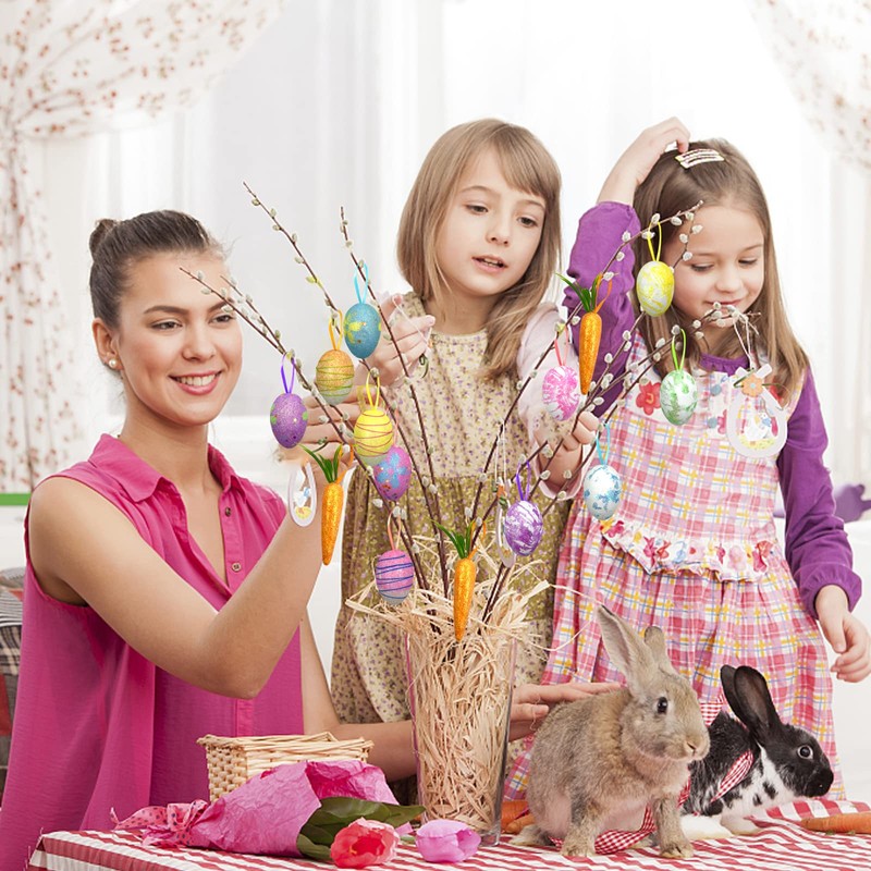 25 PCS Easter Egg Carrot Hanging Ornaments With Green Grass