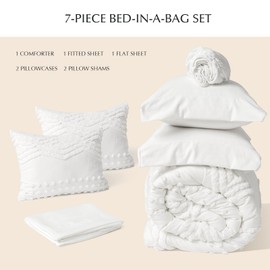 EVERGRACE Queen Size Comforter Set 7 Pieces Bed in a Bag for College Dorm, White Tufted Shabby Chic Boho Comforter and Sheet Set with Pom Pom Textured, Soft Fluffy Farmhouse Complete Bedding Set