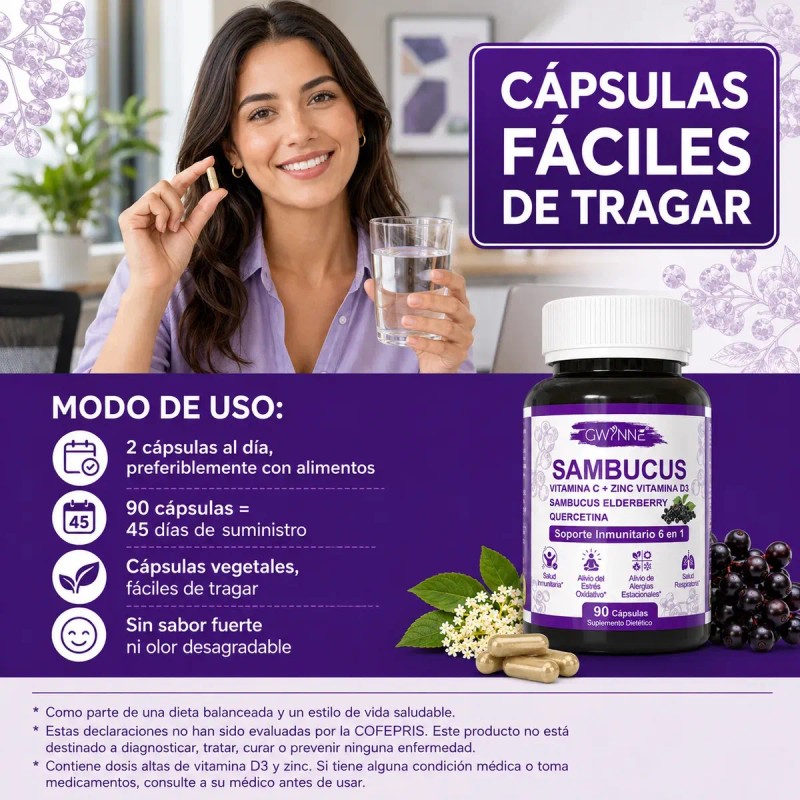 Gwynne Sambucus Suplemento Extracto Sauco 1000mg Vitamina Zinc Quercetina Soporte