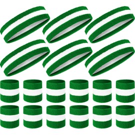 Retro Striped Headband and Wristband Set for Women - 18 Pieces in Green/White/Green for Sports and Fitness (70s, 80s, 90s Style)