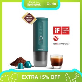 OutIn Nano Portable Espresso Machine with Self-Heating, Mini Car Coffee Maker, Compatible with NS Capsule & Ground Coffee Household Appliances - Color: Forest Green