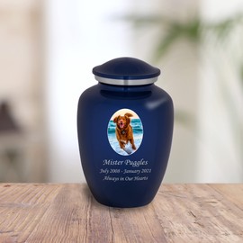 Mainely Urns Homage Medium Custom Photo Pet Cremation Urn for Pet Ashes - Vase Style Pet Urn - 80 Cubic Inch Capacity - Personalization Included (Sapphire Blue)