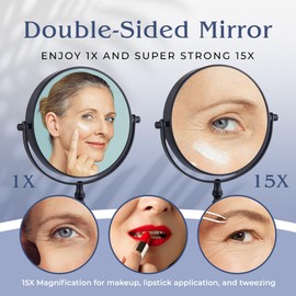 MIRRORVANA 15X Magnifying Tabletop Mirror on Stand - Dual Sided 15x and 1x Cosmetic Mirror for Desk, Dressing Table, Bathroom Countertop - 6" Wide & 9" Tall (Black)