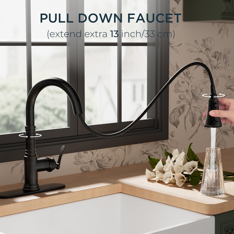 FORIOUS Antique Kitchen Faucets with Pull Down Sprayer Oil Rubbed