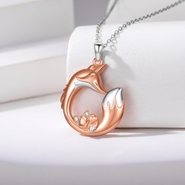 QKABTI Fox Mother and Daughter Pendant Necklace S925 Sterling Silver Two Tone Animal Fox Necklace Mothers Day Birthday Christmas Jewelry Gifts for Women Mom Wife