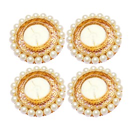 Set of 4 Pearl Moti Design T Light Holder Candle Stand Tealight T-Light Holders for Indian Traditional Festival Decorations Lighting Accessories Wedding Home Decor (Without Wax)(White)(Size:-3'')