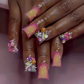 Duck Press On Nails Charms Medium With Five-Pointed Star Designs Cute Candy Press On Gradient False Nails Droplet Stick on Full Cover Artificial Glue on Nails for Women Girls DIY Decoration Kit 24pcs