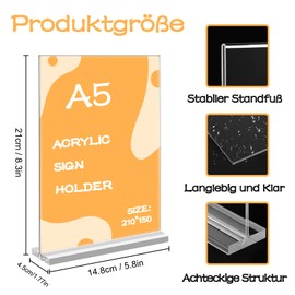Pack of 2 A5 Table Stands, Price Tags, Table Stand, Acrylic T-Stand, Double-Sided Vertical Table Stand for Restaurants, Cafés, Offices, Brochures, Menu Card (21 x 14.8 cm)