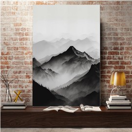 kerneLight Mountain Wall Art Black and White Art Layered mountain landscape watercolor Canvas Painting Morning Fog Gable Print Modern Nature for Living Room Home Decoration, 12x18Inch UNFRAMED