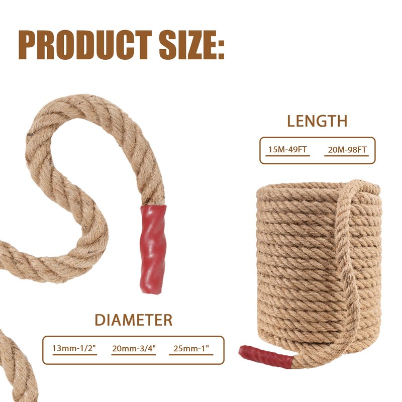Jute Rope, Natural Hemp Rope, 4-Strand Thick Nautical Ropes (1/2