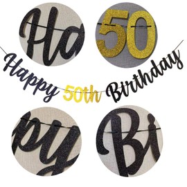 bng-bng 50th Birthday Party Decorations,Happy 50th Birthday Bunting Banner,50 Banner,Black and Gold Glitter 50 Fifty Years Old Birthday Anniversary Garland,Party Supplies Photo Backdrop