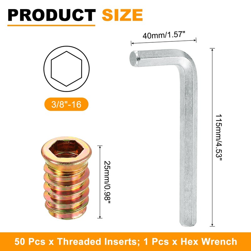 sourcing map 50 Pcs Threaded Insert for Wood, 3/8" -