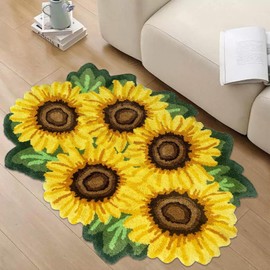 Lacomfy Sunflower Rugs, Large Fluffy Yellow Floral Mat Absorbent Farmhouse Carpet Non-Skid Handmade Rugs for Bedside Bathroom Shower Living Room, 33''x47.3''