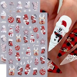 Christmas Nail Art Stickers 5D Embossed Red Snowman Nail Stickers Winter Hat Gloves Nail Art Decals for Nail Art Red Stock Nail Decoration Christmas Self-Adhesive Nail Art Supplies Accessories 2Pcs