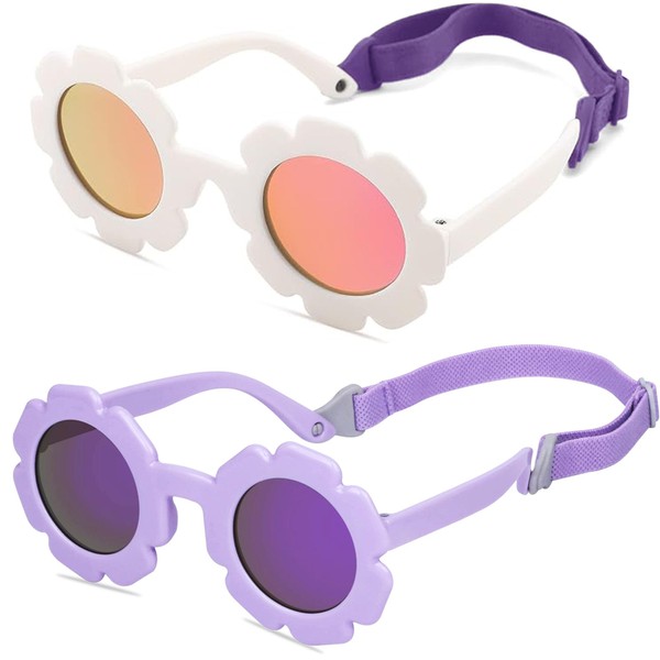 2PCS Baby Sunglasses, Flower Polarized Infant Sunglasses with Adjustable Strap