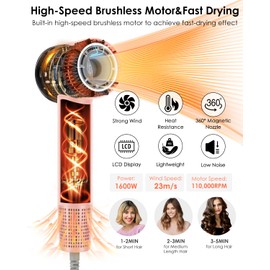 Chignon Ionic Hair Dryer with Diffuser - 110,000 RPM Brushless Motor, Smart Temperature Display & Magnetic Attachments, Low Noise 110V for Fast Professional Styling (Pink)