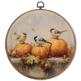 Sufamb Fall Pumpkin Bird Round Wall Art Decor, Rustic Farmhouse Autumn Pumpkin Bird Canvas Artwork Framed, Vintage Fall Wall Hanging Prints Decorations for Home Bedroom Living Room Decor, 10x10 Inches