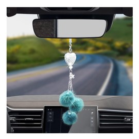 Dickno Bling Car Hanging Ornament, Cute Love Heart and Pink Plush Ball Rear View Mirror Pendant for Women Girls, Crystal Auto Rearview Mirror Decor Accessories for All Vehicles (Peacock Blue)